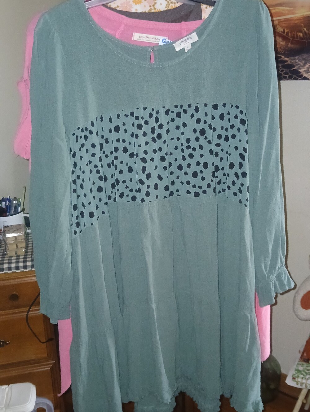 Umgee Sage Green Long Sleeve Tunic with Black Animal Print Panel